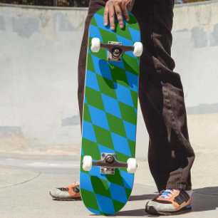 Blue Green Harlequin Checkered Design Skateboard