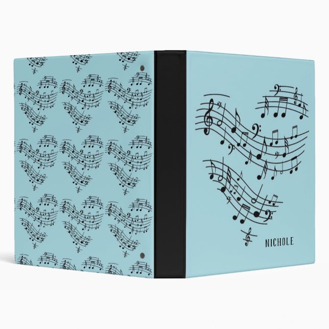 Blue Green Heart Shape Music Notes Monogram Binder (Background)