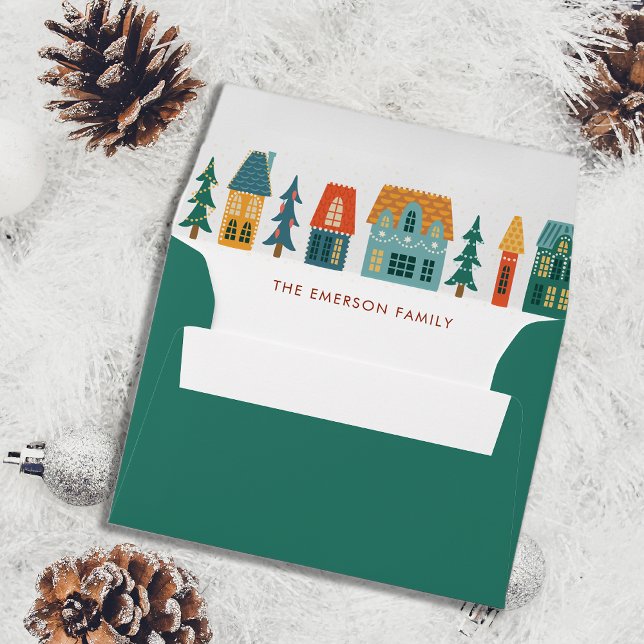 Blue Green Holiday Christmas Envelope (Dark Teal Green Return Address Envelope Holiday Retro Houses with Family Name)