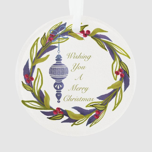 Blue Green Holiday Wreath Merry Christmas Ornament (Back)