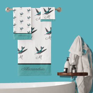 Blue Green Hummingbird watercolor Monogram initial Bath Towel Set
