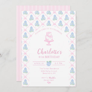Blue Green Hydrangea Pink Bow Trellis Invitation