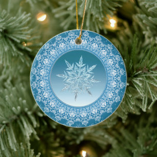 Blue Green Ice Crystal Snowflake Ceramic Ornament