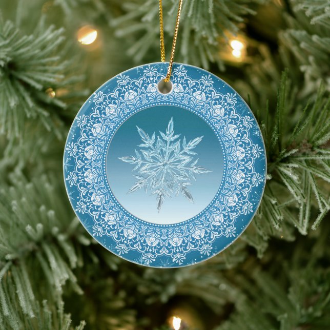 Blue Green Ice Crystal Snowflake Ceramic Ornament (Tree)