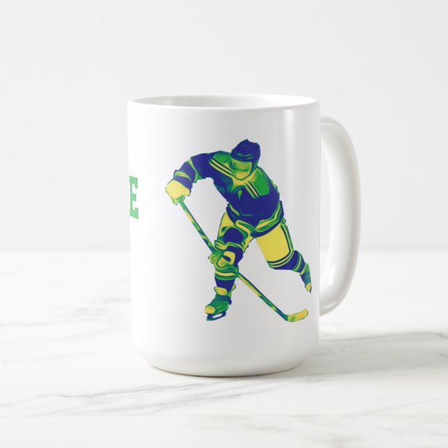Blue & Green Ice Hockey Player, Personalized Mug (Front Right)
