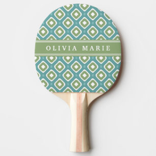 Blue Green Ikat Mod Pattern with Name Ping Pong Paddle