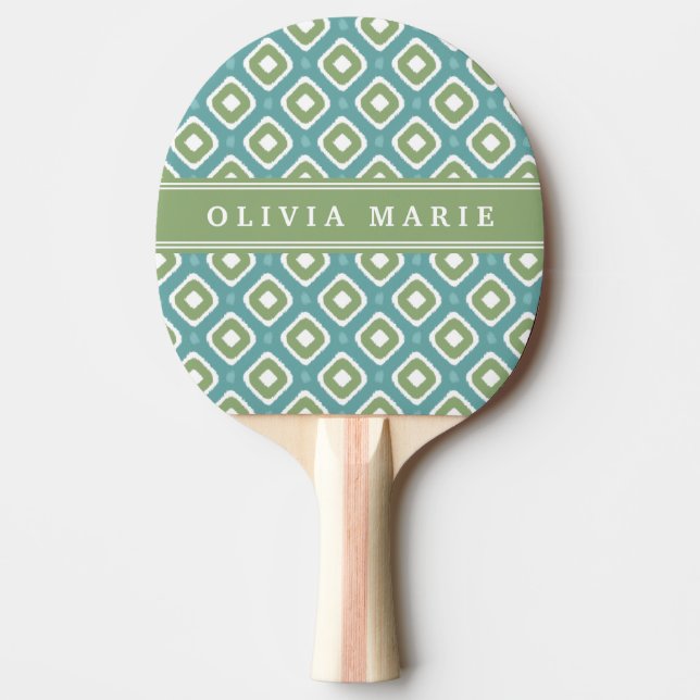 Blue Green Ikat Mod Pattern with Name Ping Pong Paddle (Front)