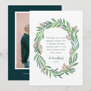 Blue Green Illustrated Floral Wreath Photo Holiday Invitation