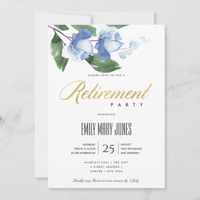 BLUE GREEN INK WASH WATERCOLOR FLORAL RETIREMENT INVITATION (Front)