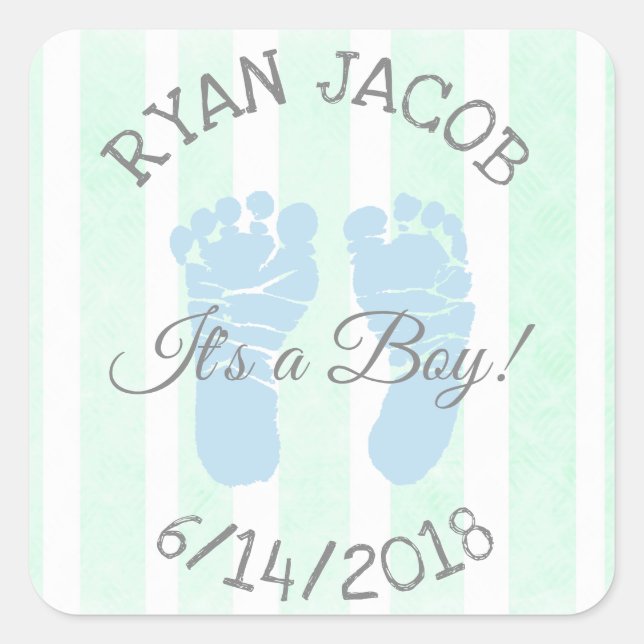 Blue Green Its a Boy Footprints Baby Shower Square Sticker (Front)