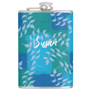 Blue Green Ivy Leaf Watercolor Hip Flask