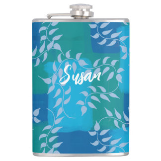 Blue Green Ivy Leaf Watercolor Hip Flask