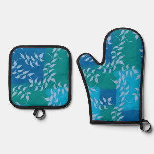 Blue Green Ivy Leaf Watercolor Oven Mitt & Pot Holder Set