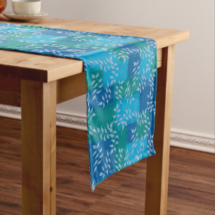 Blue Green Ivy Leaf Watercolor Short Table Runner
