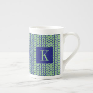 BLUE GREEN KNIT Bone China Mug + Initial II