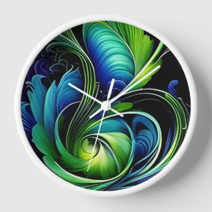 Blue Green Leafy abstract Clock