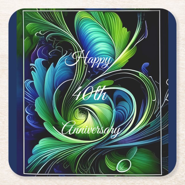 Blue Green Leafy abstract Happy Anniversary Square Paper Coaster (Front)