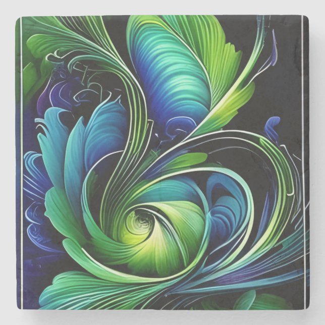 Blue Green Leafy abstract  Stone Coaster (Front)