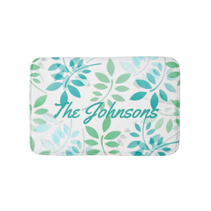 Blue Green Leaves Bath Mat