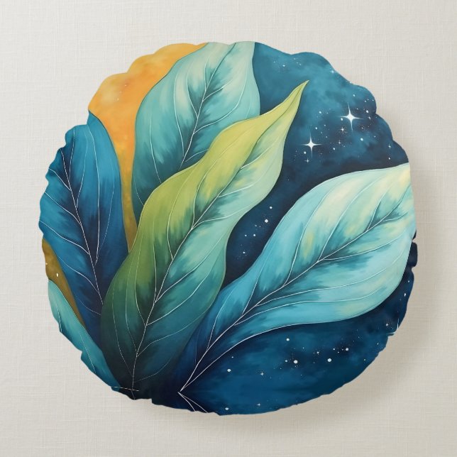 Blue Green Leaves Sun and Stars Round Pillow (Front)
