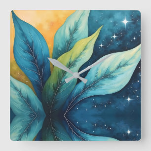 Blue Green Leaves Sun and Stars Square Wall Clock