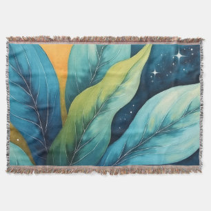 Blue Green Leaves Sun and Stars Throw Blanket
