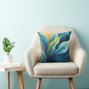 Blue Green Leaves Sun and Stars Throw Pillow