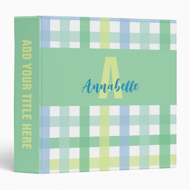 Blue Green Lime Pastel Gingham Pattern Monogram Binder (Front/Spine)