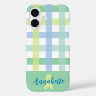 Blue Green Lime Pastel Gingham Pattern Monogram iPhone 16 Case