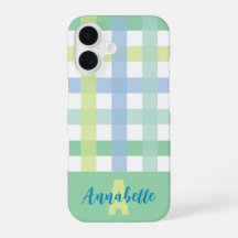 Blue Green Lime Pastel Gingham Pattern Monogram