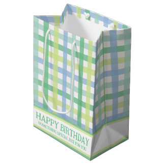 Blue Green Lime Pastel Modern Gingham Pattern Medium Gift Bag