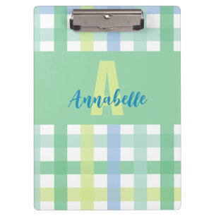 Blue Green Lime Pastel Monogram Gingham Pattern  Clipboard