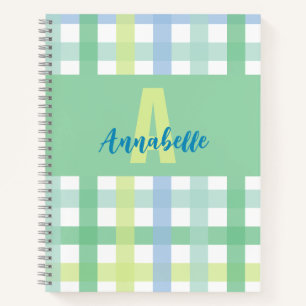 Blue Green Lime Pastel Monogram Gingham Pattern Notebook