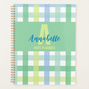 Blue Green Lime Pastel Monogram Gingham Pattern  Planner