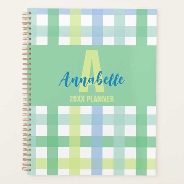 Blue Green Lime Pastel Monogram Gingham Pattern  Planner (Front)
