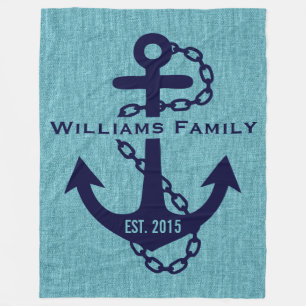 Blue-green Linen With Rustic Blue Wedding Anchor Fleece Blanket
