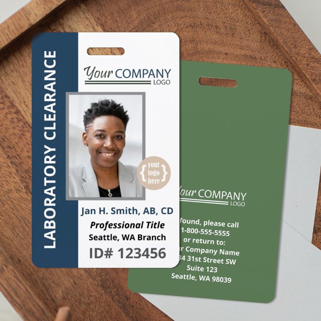 Blue Green Logo Entry Employee Photo ID Badge (Navy blue and sage green company identification badge, logo and photo entry badge)