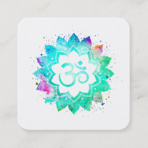 ~* Blue Green Lotus Flower Mandala Om Aum Symbol Square Business Card
