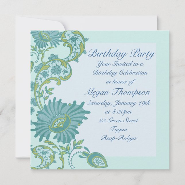 Blue & Green lush floral Birthday Invitation (Front)
