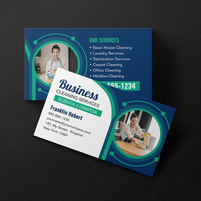Blue Green Maid House Cleaning Janitorial Clean Business Card (Creator Uploaded)