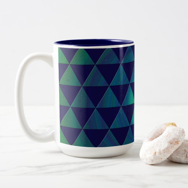 Blue Green Mandala Geometric Triangle Pattern Two-Tone Coffee Mug (With Donut)