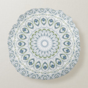Blue & Green Mandala Kaleidoscope Medallion Flower Round Pillow
