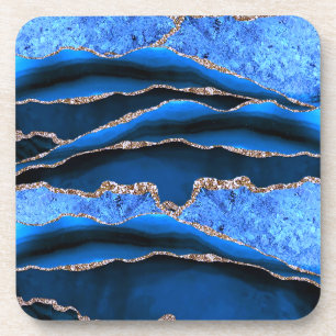 BLUE GREEN MARBLE AGATE GOLD GLITTER GLAM COASTER