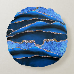 BLUE GREEN MARBLE AGATE GOLD GLITTER GLAM ROUND PILLOW