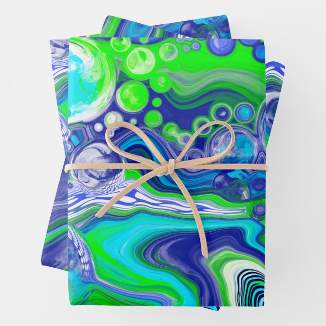 Blue Green Marble Swirls Birthday or baby shower Wrapping Paper Sheet (In situ)