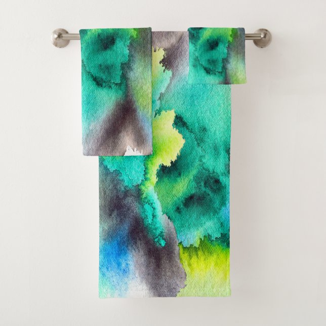 Blue Green marble Tie dye watercolor Bath Towel Set (Insitu)