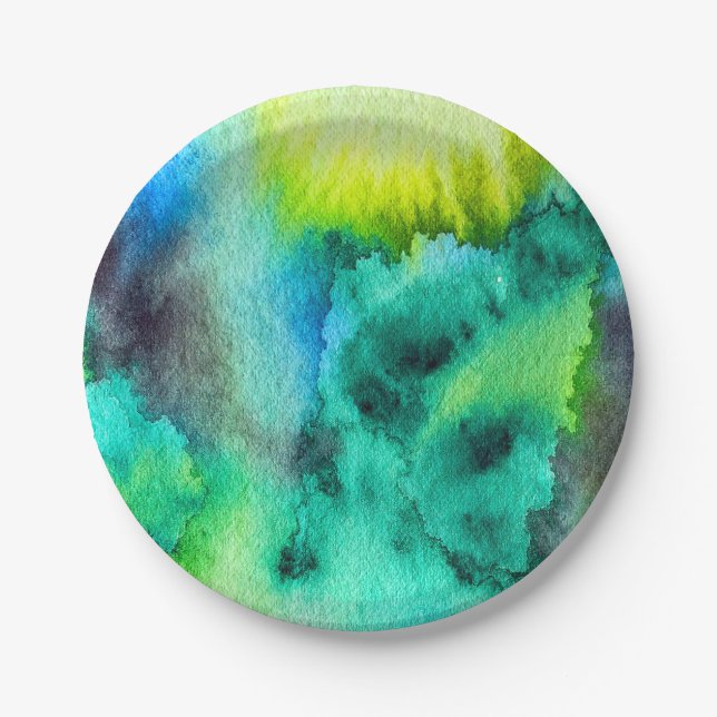 Blue Green marble Tie dye watercolor Paper Plate (Front)