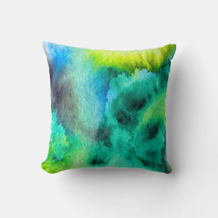 Blue Green marble watercolor art Throw Pillow