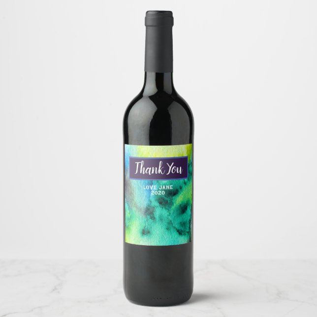 Blue Green marble watercolor art Wine Label (Front)