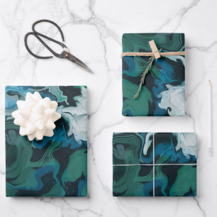 Blue Green Marbled Brushstrokes Handmade Art Wrapping Paper Sheet